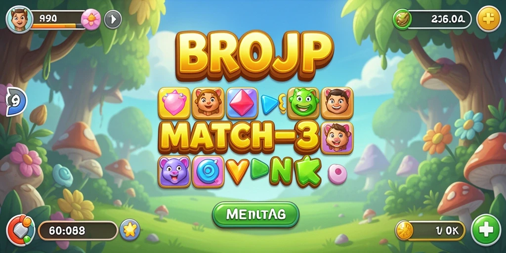 Screenshot game BROJP menunjukkan gameplay match-3 yang menarik.