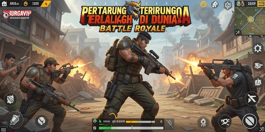Screenshot gameplay SURGAVIP menampilkan pertempuran seru di arena Battle Royale.